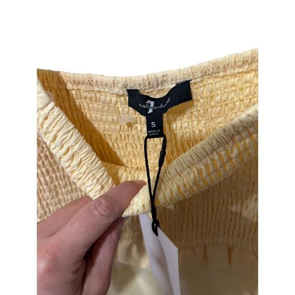 7 For All Mankind Puff Sleeves Smocked Linen Midi Dress Pastel Yellow Small NWT - Picture 5 of 13